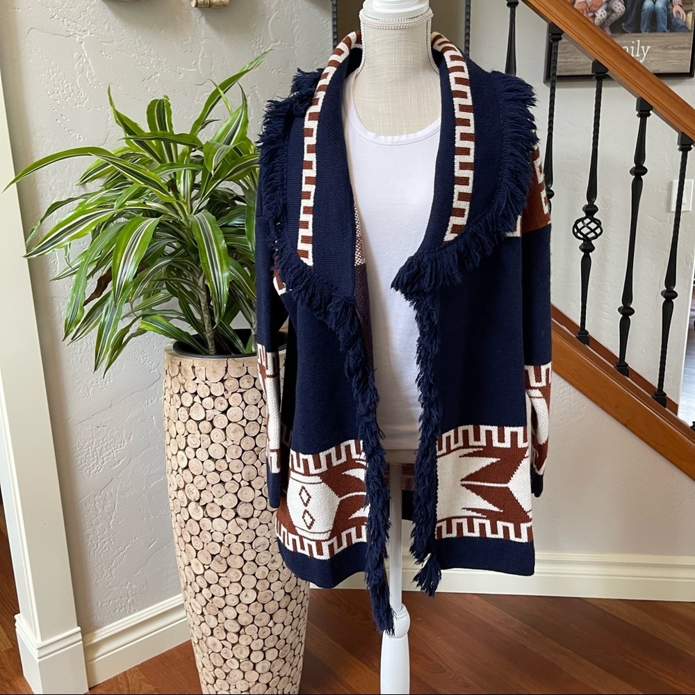 Cocogio Womens Navy Blue Aztec Print Fringe Wool Blend Long Cardigan New! - Picture 5 of 8